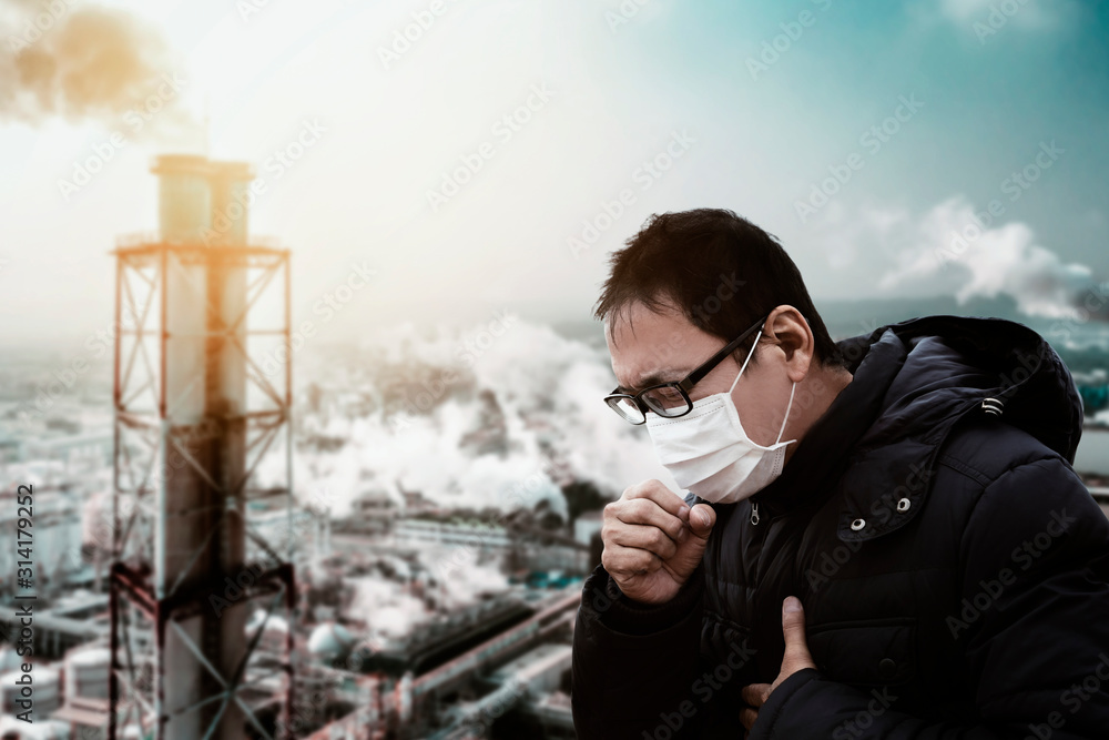 Plakat man wearing mask against smog and air pollution factory background