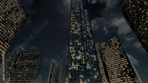 glass skyscrpaer office buildings with dark sky and clouds at storm photo