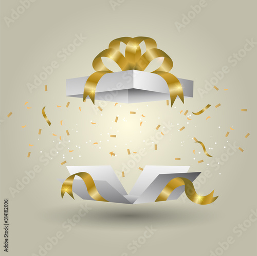 A white gift box tied with a golden ribbon Burst of the gold color gradient background