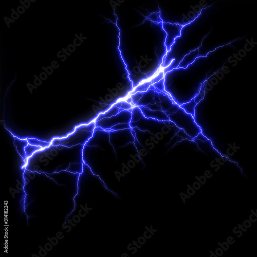 Blue Lightning flash Thunderbolt isolated on black background.