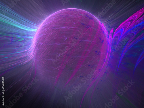Abstract Spherical Shape 3D Illustration - Colorful gradients of light warped into the shape of a sphere. Brilliant glowing lights, soft purple and pink gradients.