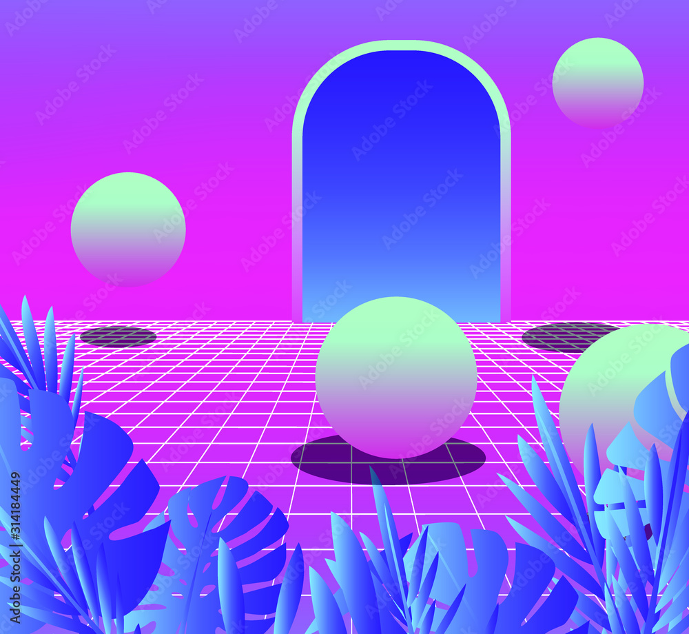 Retrowave/ vaporwave/ synthwave style illustration with palm leaves and ...
