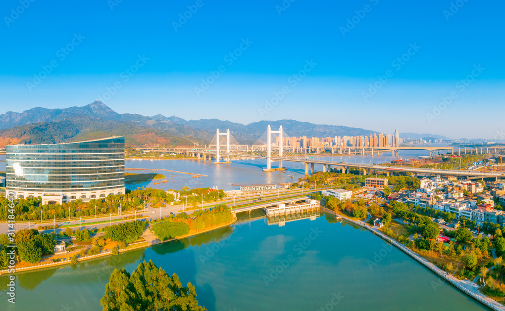 Naklejka premium City Scenery of both sides of Minjiang River, Fuzhou City, Fujian Province, China