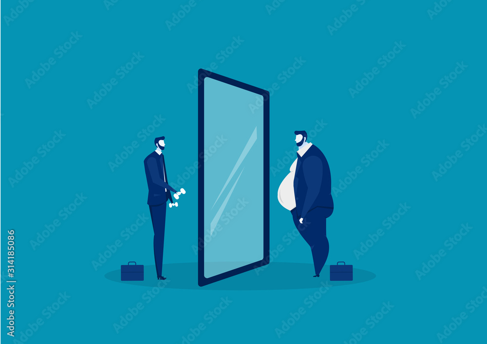 businessman looking at the mirror standing with fat belly. compare body thin vector businessman looking at the mirror standing with fat belly. compare body thin vector
