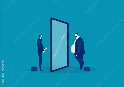 businessman looking at the mirror standing with fat belly. compare body thin vector
