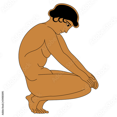 Isolated vector illustration. Сrouched ancient Greek boy. Vase painting style.