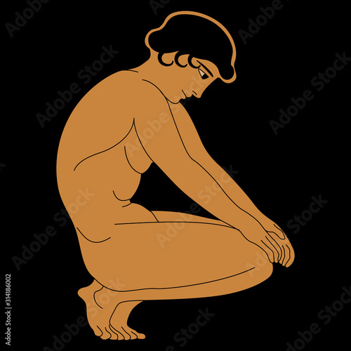 Isolated vector illustration. Сrouched ancient Greek boy. Vase painting style.	