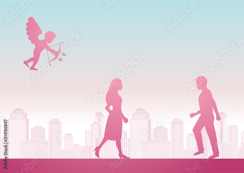 cupid shoot arrow to man and woman to become couple with pink pastel color design
