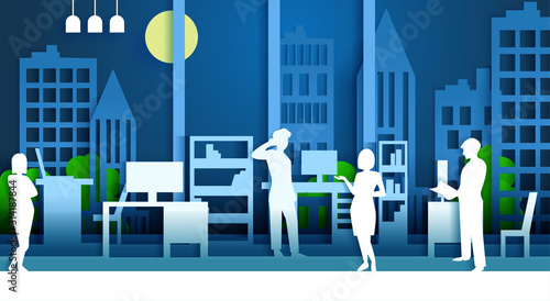 Office interior and business team design concept. Vector illustration in paper cut style. People in office with city buildings on background
