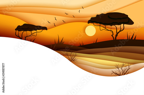 Sunset over african savannah. Africa wildlife concept design. Vector illustration in paper cut style