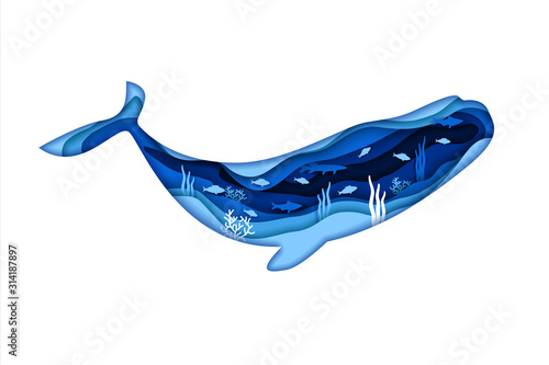Whale blue silhouette isolated on white background. Vector illustration design in paper cut style. Fish and underwater sea life double exposure