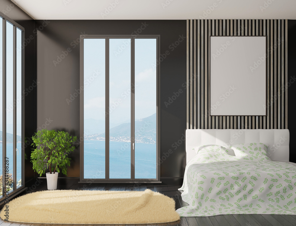 Fototapeta premium Interior of the bedroom with dark walls and panoramic windows. Template of an empty poster on the wall for photos and lettering. 3D rendering. 3D illustration.