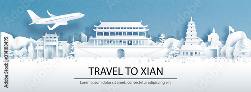 Travel advertising with travel to Xian, China concept with panorama view of city skyline and world famous landmarks in paper cut style vector illustration.