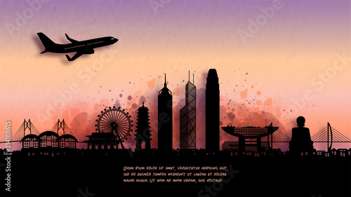 Watercolor of Hong Kong, China silhouette skyline and famous landmark. vector illustration.