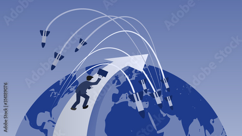The cartoon illustration template background picture of a business people crawl on the arrow through the rocket fight. ( vector )