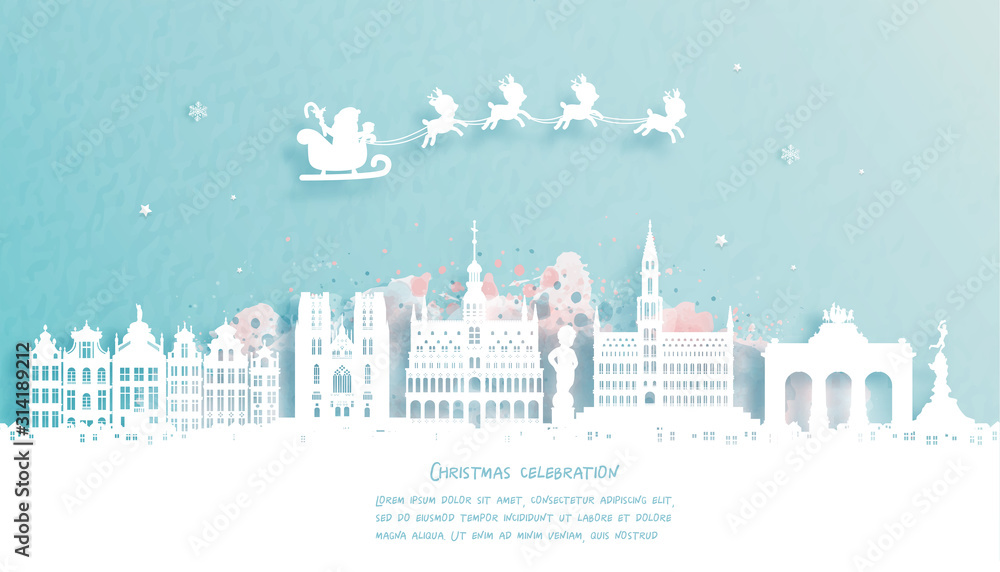 Christmas card with Brussels, Belgium famous landmark and Santa and reindeer. Christmas celebrations in paper cut style. Vector illustration.