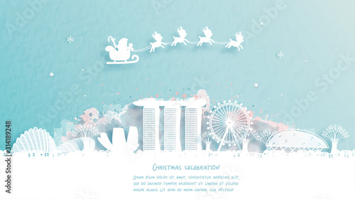 Christmas card with Singapore famous landmark and Santa and reindeer. Christmas celebrations in paper cut style. Vector illustration.