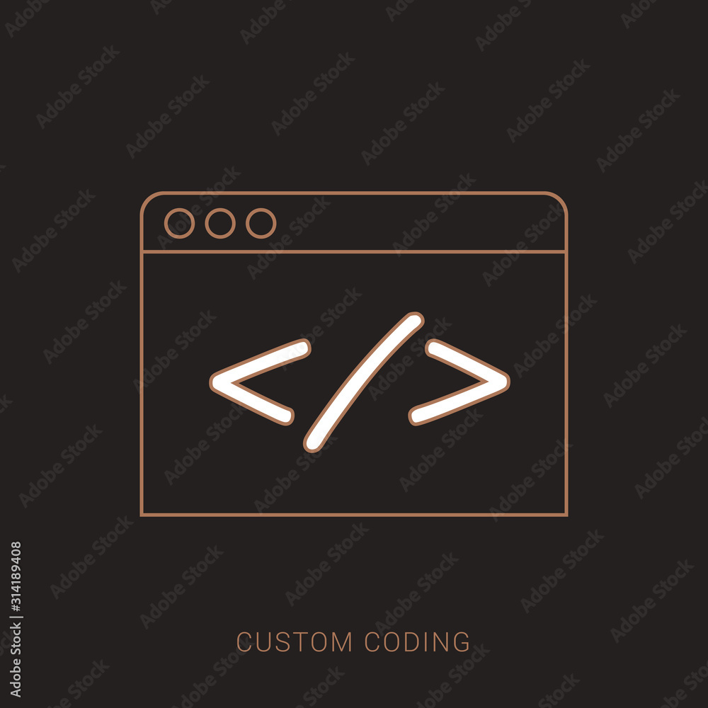 Custom coding symbol on white background,clean vector. Brown and white color with outline concept. Custom coding symbol on white background,clean vector. Brown and white color with outline concept.