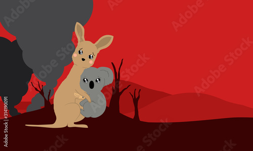 Kangaroos and koalas cartoon vector for bushfire concept