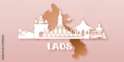 Laos Travel postcard, poster, tour advertising of world famous landmarks in paper cut style. Vectors illustrations