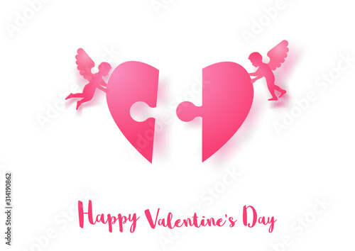 concept art of cupids fly and put  with heart shape parts together on white background,vector illustration 