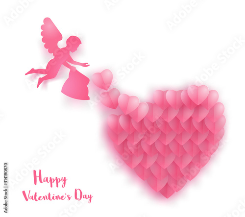 concept art of cupid fly and spread heart shapes to fulfill big heart on white background,vector illustration