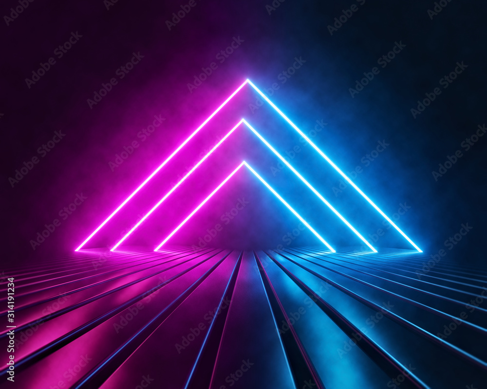 Futuristic Sci Fi Triangle Shaped Pink And Blue Neon Glowing Lights In ...