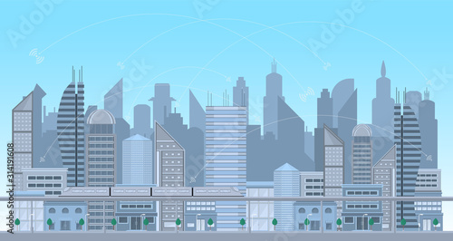 urban landscape contemporary large modern building and network connection internet on top sky. concept city Vector illustration