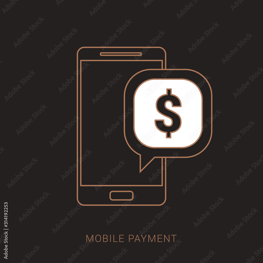 Payment with smartphone icon, online mobile payment sign isolated on white background. Brown and white color with outline concept. Payment with smartphone icon, online mobile payment sign isolated on white background. Brown and white color with outline concept.