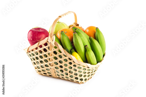 fruits basket assorted wicker on white background fruit health food isolated