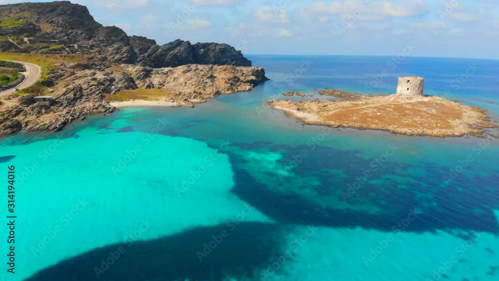Stunning aerial view 4k drone of beautiful white sand beach bathed by a clear and turquoise sea, Sardinia, Italy. Stunning aerial view 4k drone of beautiful white sand beach bathed by a clear and turquoise sea, Sardinia, Italy.