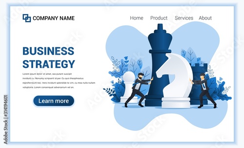 Business strategy concept with two businessmen moving giant chess pieces. Strategic planning and tactics in business. Flat vector illustration