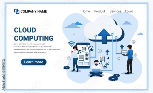 Cloud Computing concept with characters. Can use for banner, landing page, web design template. Flat vector illustration