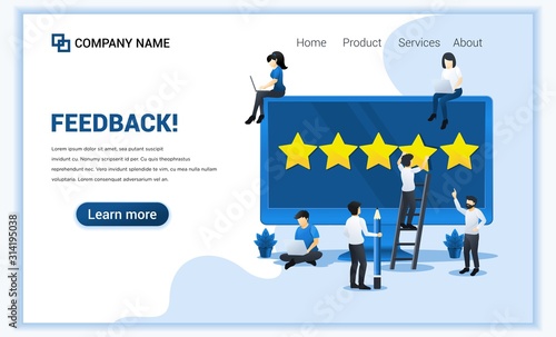 People giving five stars rating, positive feedback, satisfaction and evaluation on giant laptop. Can use for web banner, landing page. Vector illustration