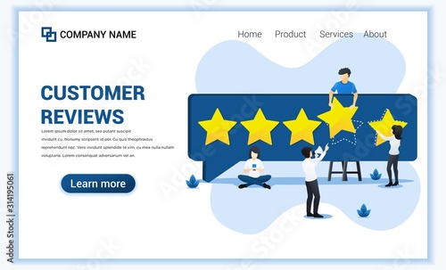 Customer reviews concept with people giving five stars rating, positive feedback, satisfaction and evaluation for product or services. Can use for web banner, landing page. Vector illustration