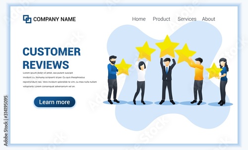 Customer reviews concept with Different people give review rating and feedback with holding stars. Can use for web banner, infographics, landing page, web template. Vector illustration