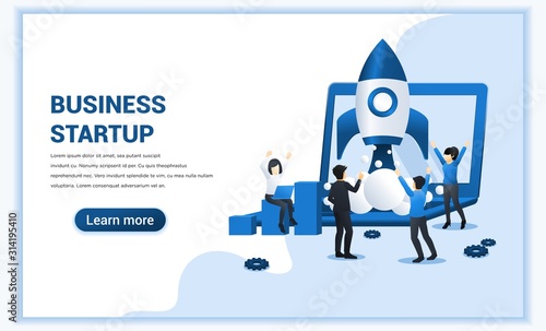 Business start up concept with people work on rocket launch. Can use for web banner, infographics, landing page, web template. Vector illustration