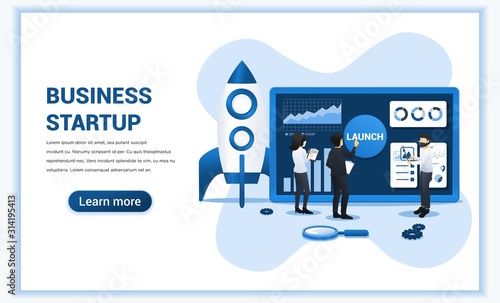 Business start up concept with people working on the screen getting ready for a launch startup for business. Can use for web banner, infographics, landing page, web template. Vector illustration
