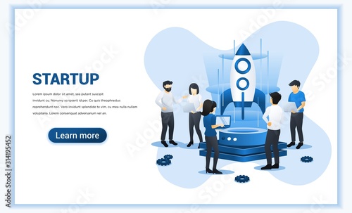 Start up Project concept business development. people working on rocket and getting ready for a launch startup. Can use for web banner, infographics, landing page, web template. Vector illustration