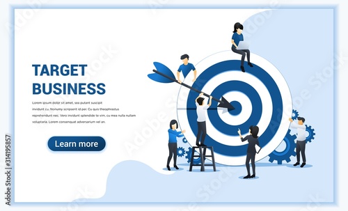 Business web banner concept design. People put darts on the dartboard. target with an arrow, hit the target, goal achievement. Flat vector illustration