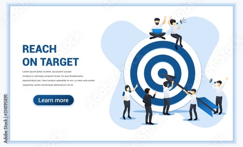 Business web banner concept design. People working together holding a big dart. Reach the target business, Hit the target, goal achievement, leadership, partnership. Flat vector illustration