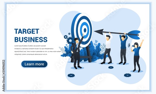 Target business web banner concept design. People holding an arrow aimed at the target board. Hit the target, Business goal achievement. Flat vector illustration