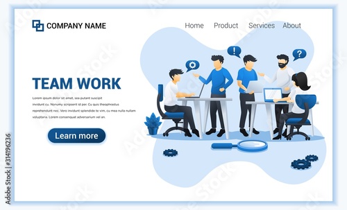 Team work concept design with people work on table. Business leadership, cooperation, partnership, team metaphor, team work symbol. Flat vector illustration
