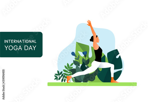 Woman practicing yoga exercise, yoga pose. Modern flat design concept of web page design or mobile website. International Yoga Day. Vector illustration