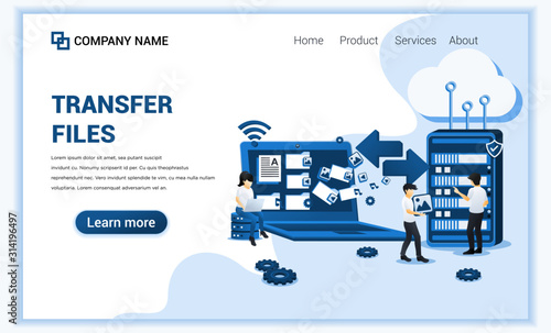 transfer files concept with characters. Can use for web banner, landing page, infographic, web template. Flat vector illustration