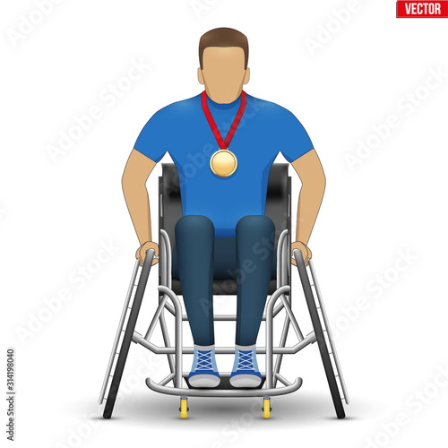 Disabled athlete with gold medal in wheelchair. Equipment for paralympic athletes. Man sitting in sport wheelchair. Front view. Vector Illustration isolated on white background.