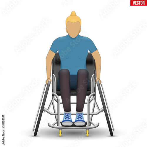 Disabled woman athlete in wheelchair. Equipment for paralympic athletes. Woman sitting in sport wheelchair. Female disability team. Front view. Vector Illustration isolated on white background.