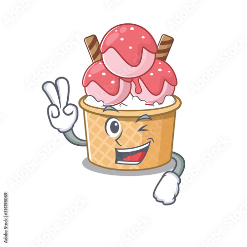 Smiley mascot of ice cream sundae cartoon Character with two fingers