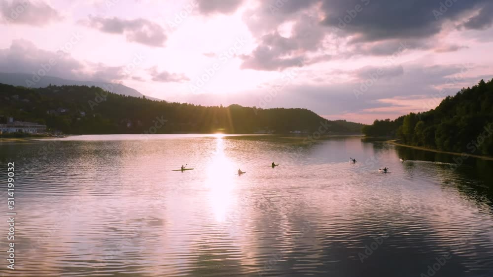 4K Bulgarian Lake Kayakers Kayak at Sunset Drone Aerial 4K Bulgarian Lake Kayakers Kayak at Sunset Drone Aerial