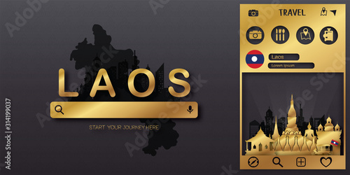 Travel Laos postcard, poster, tour advertising of world famous landmarks in paper cut style. Vectors illustrations